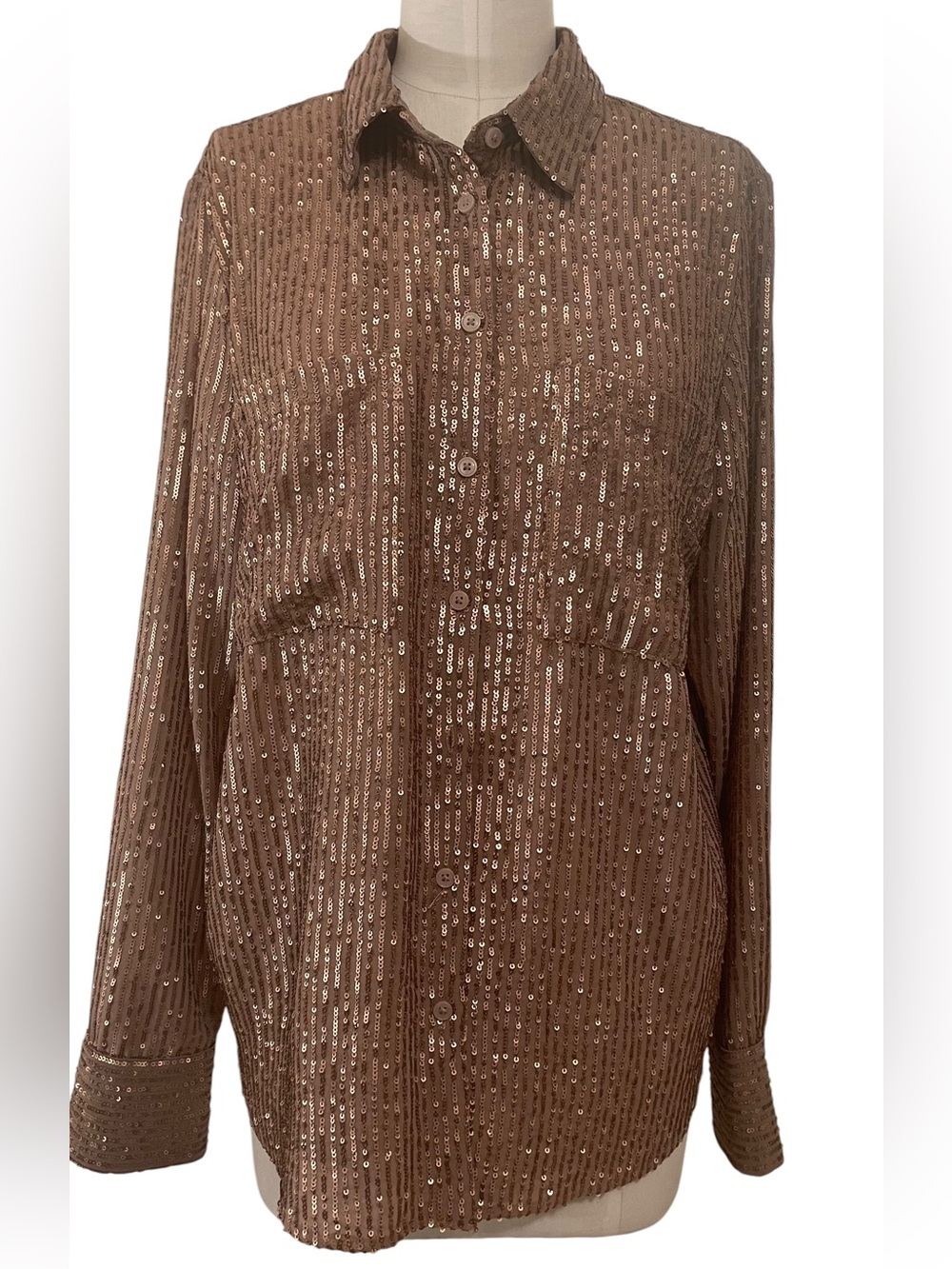 ❤️ NWT! Anthropologie The Remie Bronze Sequin Button Down Blouse XL - Picture 5 of 13